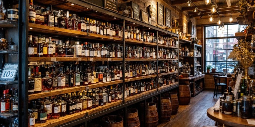 {"original_document": "Intérieur d'un magasin de whisky avec des étagères de bouteilles."}