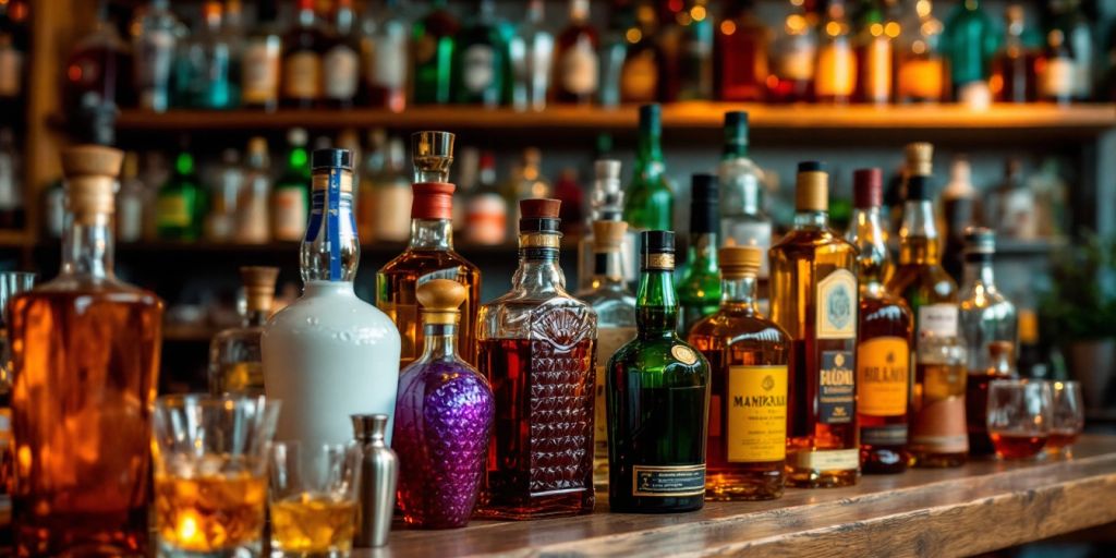 Colorful liquor bottles on a wooden shelf.