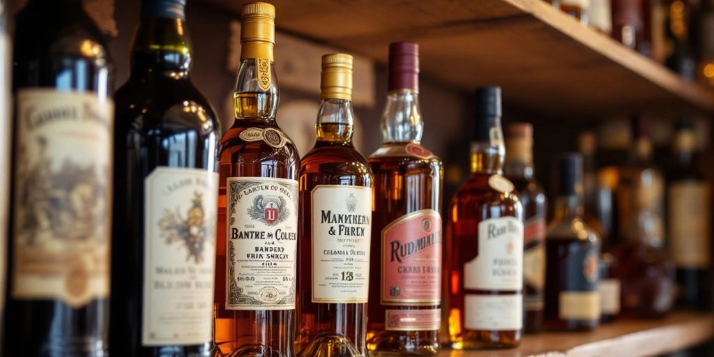 Vintage wine bottles and spirits on rustic wooden shelves.