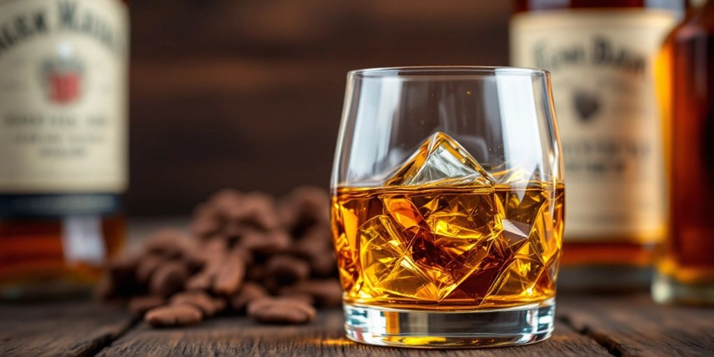 Verre à whisky avec un liquide ambré et des bouteilles en arrière-plan.