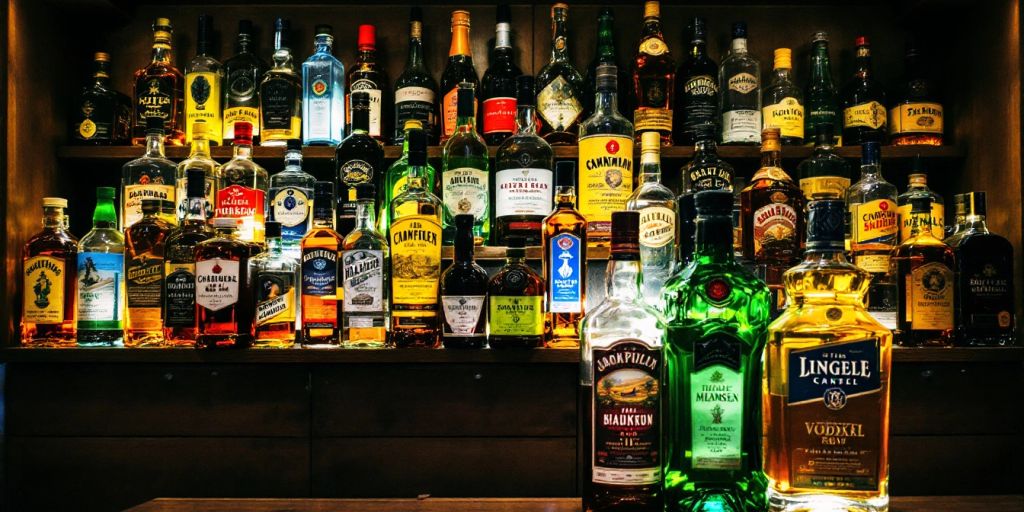 Colorful liquor bottles on a wooden shelf.