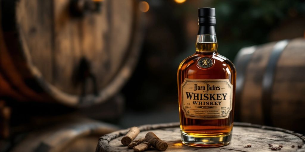 Vintage whiskey bottle on a rustic wooden table.