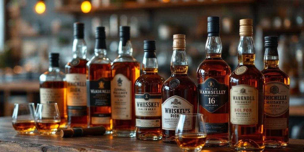 Assorted whiskey bottles on a rustic wooden bar.