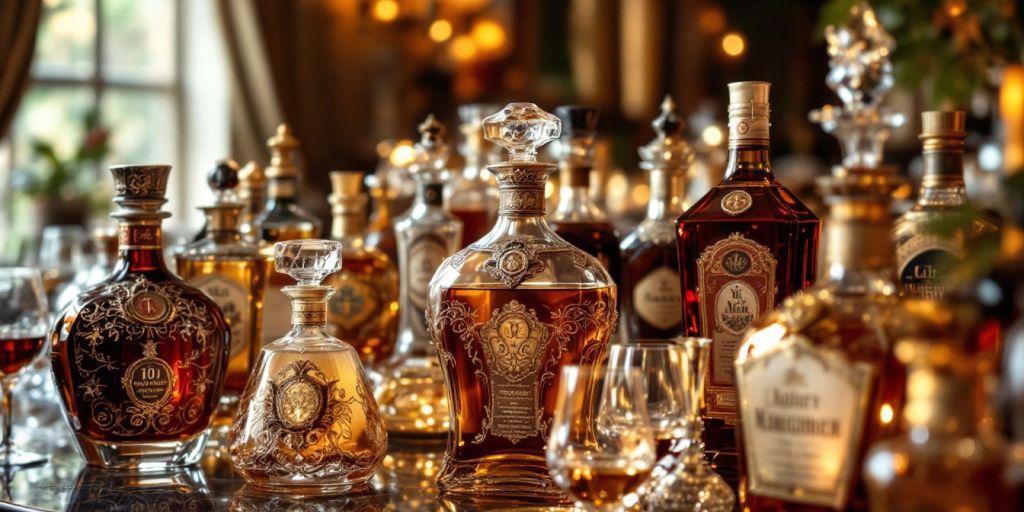 Luxurious bottles of expensive liquor on an elegant table.