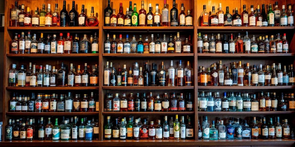 Colorful liquor bottles on wooden shelves in a store.