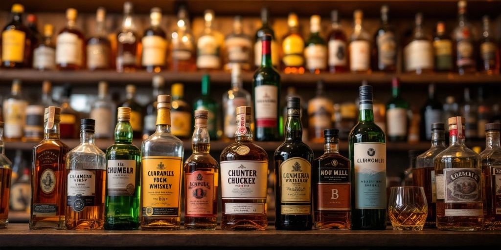 Colorful liquor bottles on a wooden shelf.