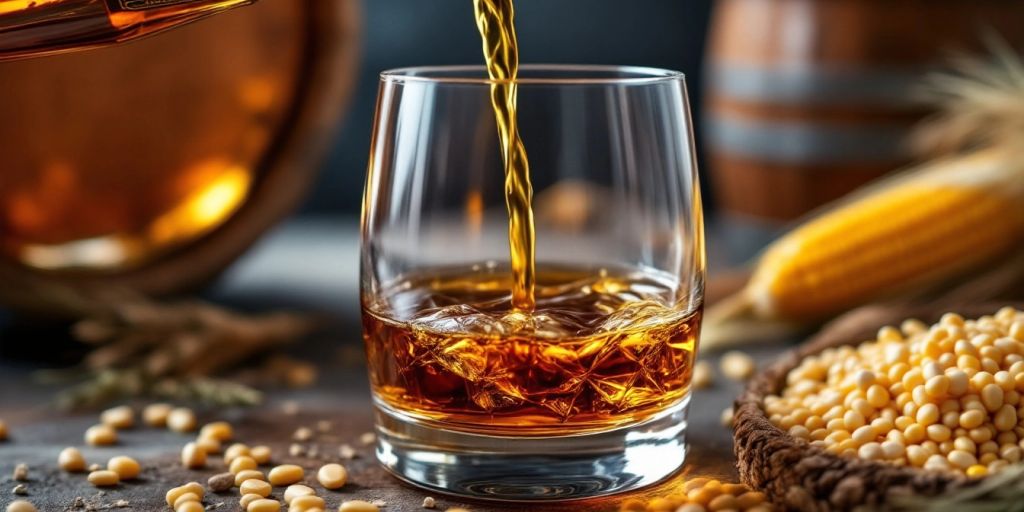 Whiskey versé dans un verre avec des grains.