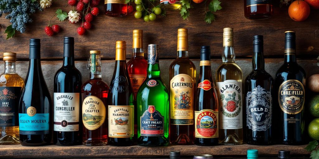 Variety of alcohol bottles on a wooden surface.