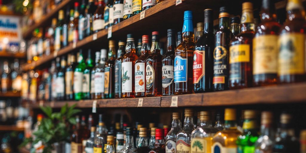 Bouteilles de liqueur colorées sur des étagères en bois dans un magasin.