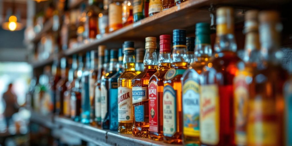 Colorful liquor bottles on shelves in a store.