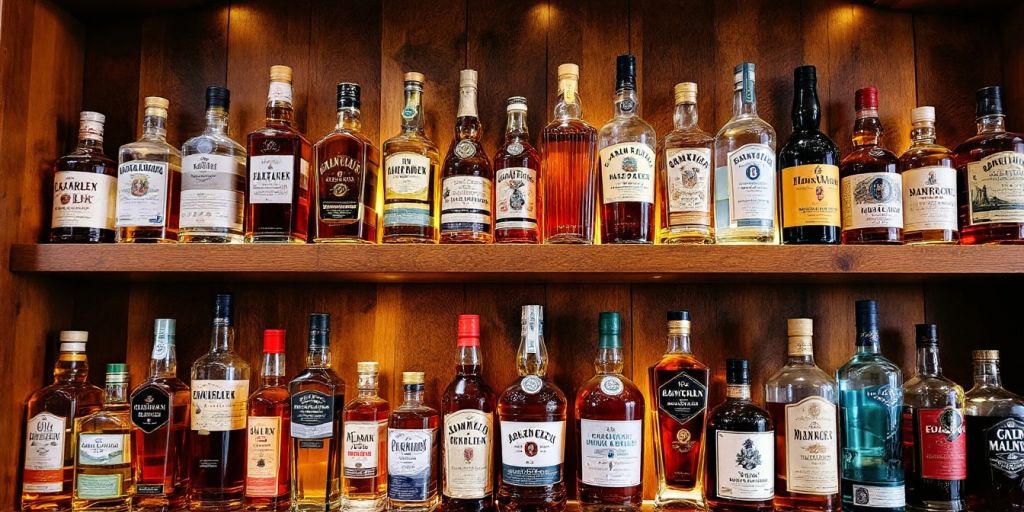 Colorful liquor bottles on a wooden shelf.