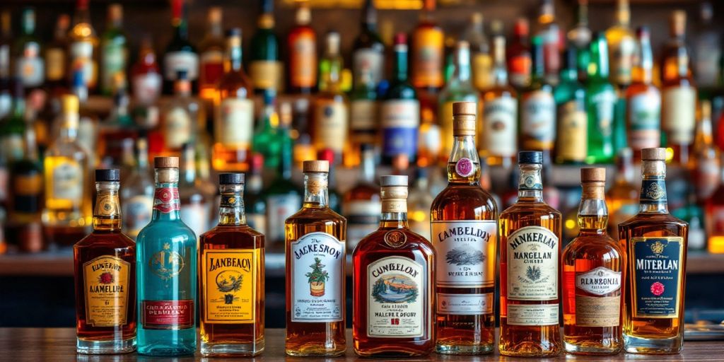 Colorful liquor bottles on a wooden bar.