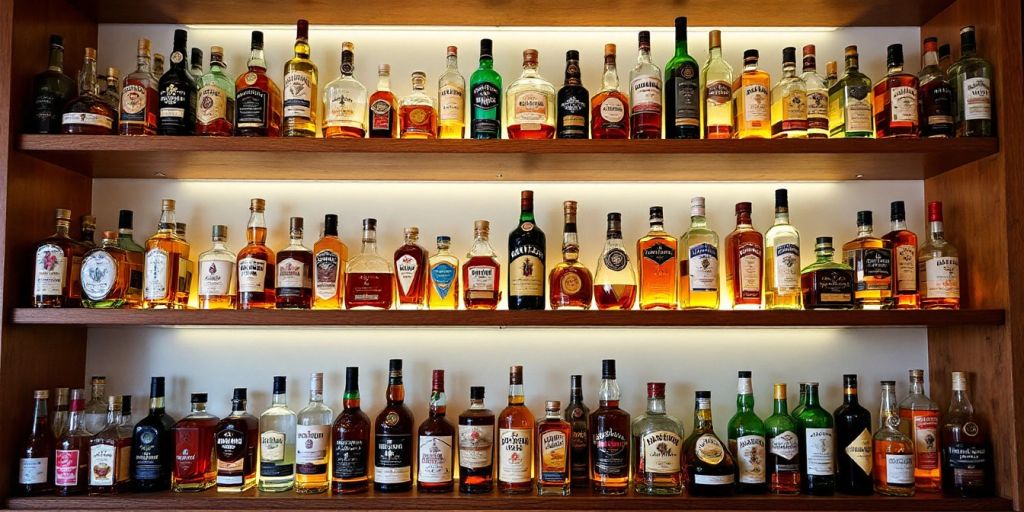 Colorful liquor bottles on wooden shelves in a shop.