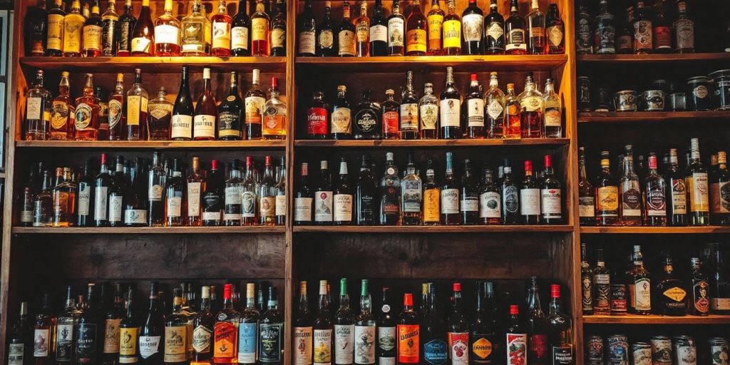 Colorful liquor bottles on shelves in a store.