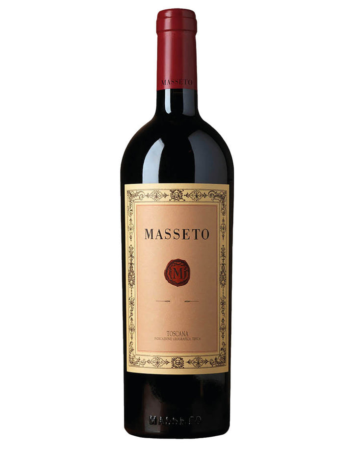 Bottle of Masseto wine with a red cap on a white background