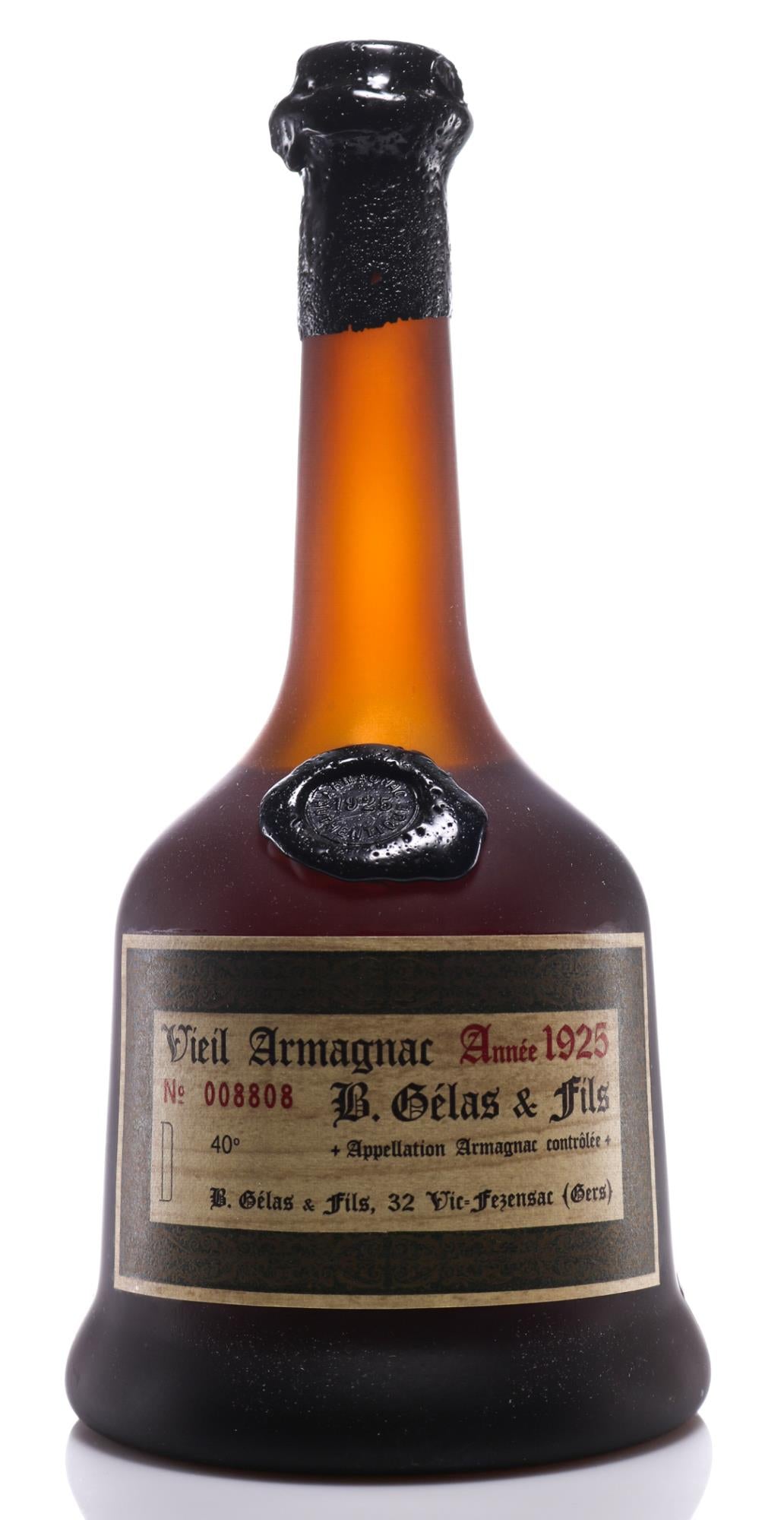 1925 Gelas & Fils B. Vieil Armagnac Waxbutton Vintage Bottle No. 008808